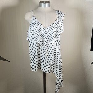 Express Black and White Polka Dot Ruffle Asymmetrical Cami Top